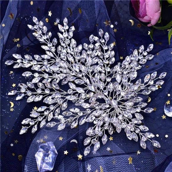 AMORARSI Wedding Rhinestone Hair Piece Leaf Bride Side Headpieces Crystal Hair